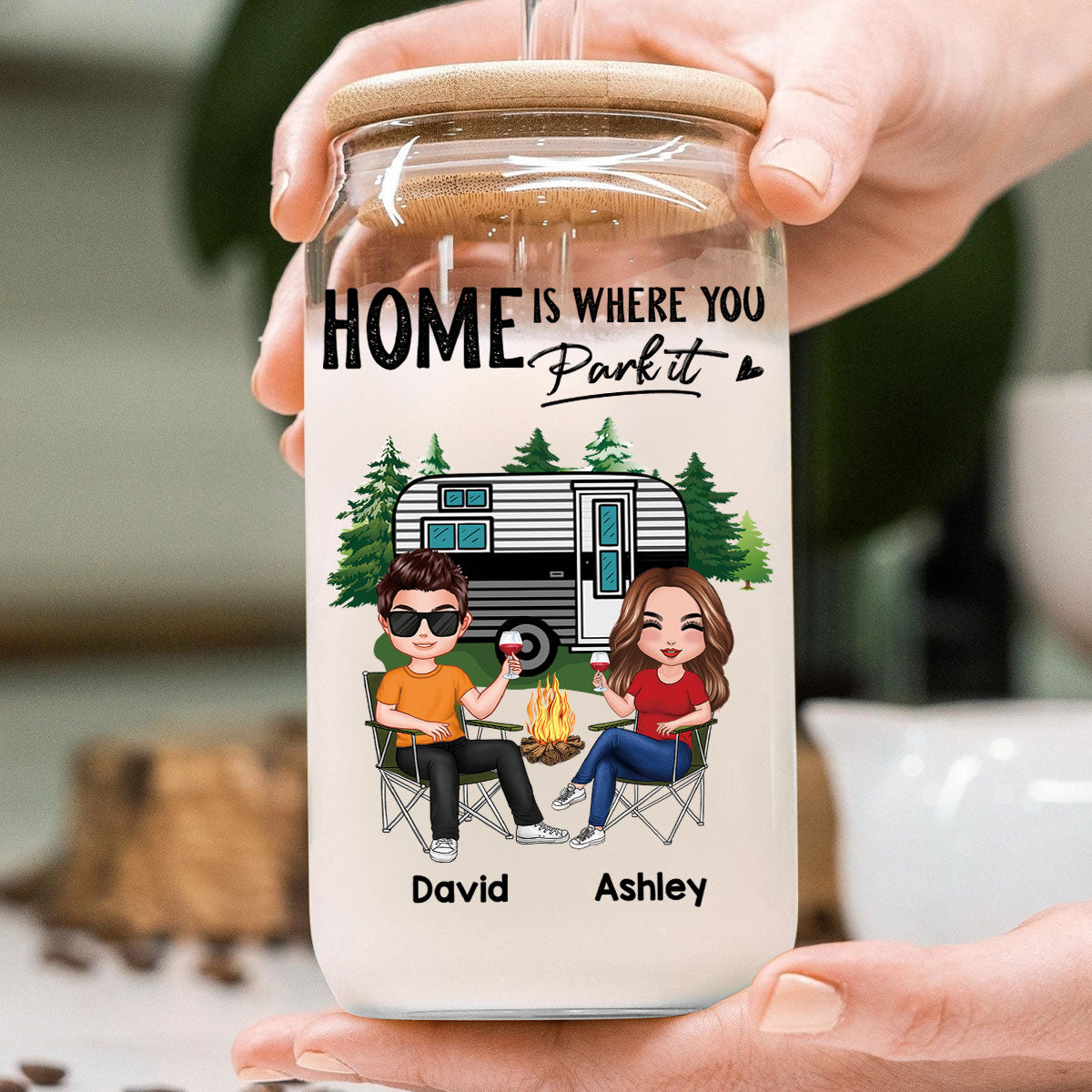 Doll Couple Camping Personalized Clear Glass Can