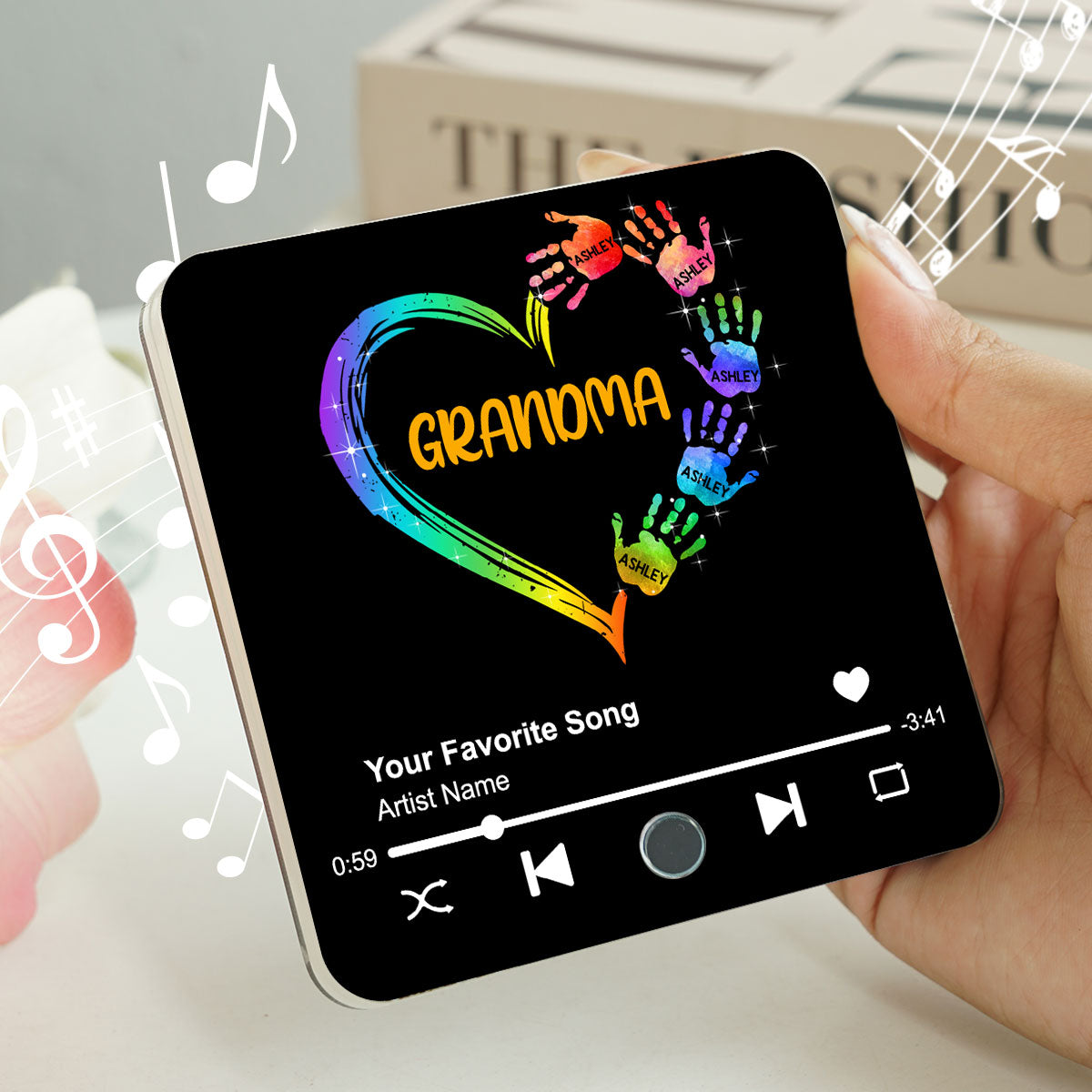 Grandma Mom Heart Hand Print Personalized Music Fridge Magnet, Heartfelt Gift for Grandma, Mom