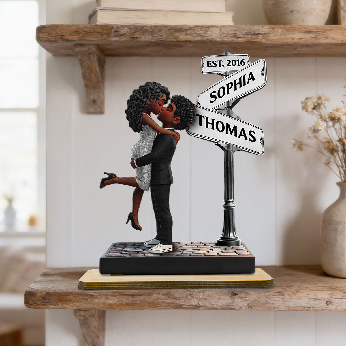 Eternal Love Romantic Couple Hugging Kissing Street Sign - Personalized 2-Layered Wooden Plaque - Heartfelt Valentine's Day Gift For Couple