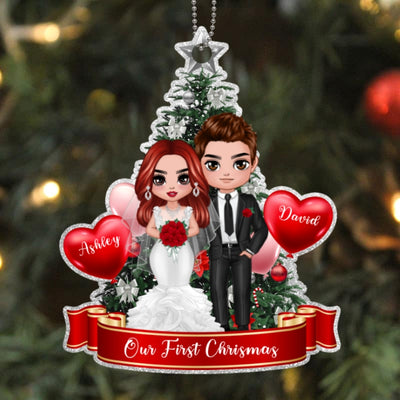 Groom And Bride At Christmas Tree Personalized Wooden Ornament
