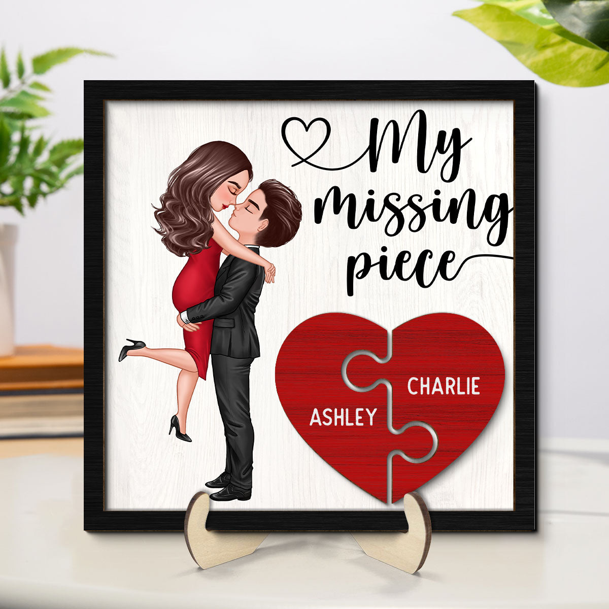 My Missing Piece Doll Couple Hugging Kissing Heart Piece Personalized 2-Layer Wooden Plaque