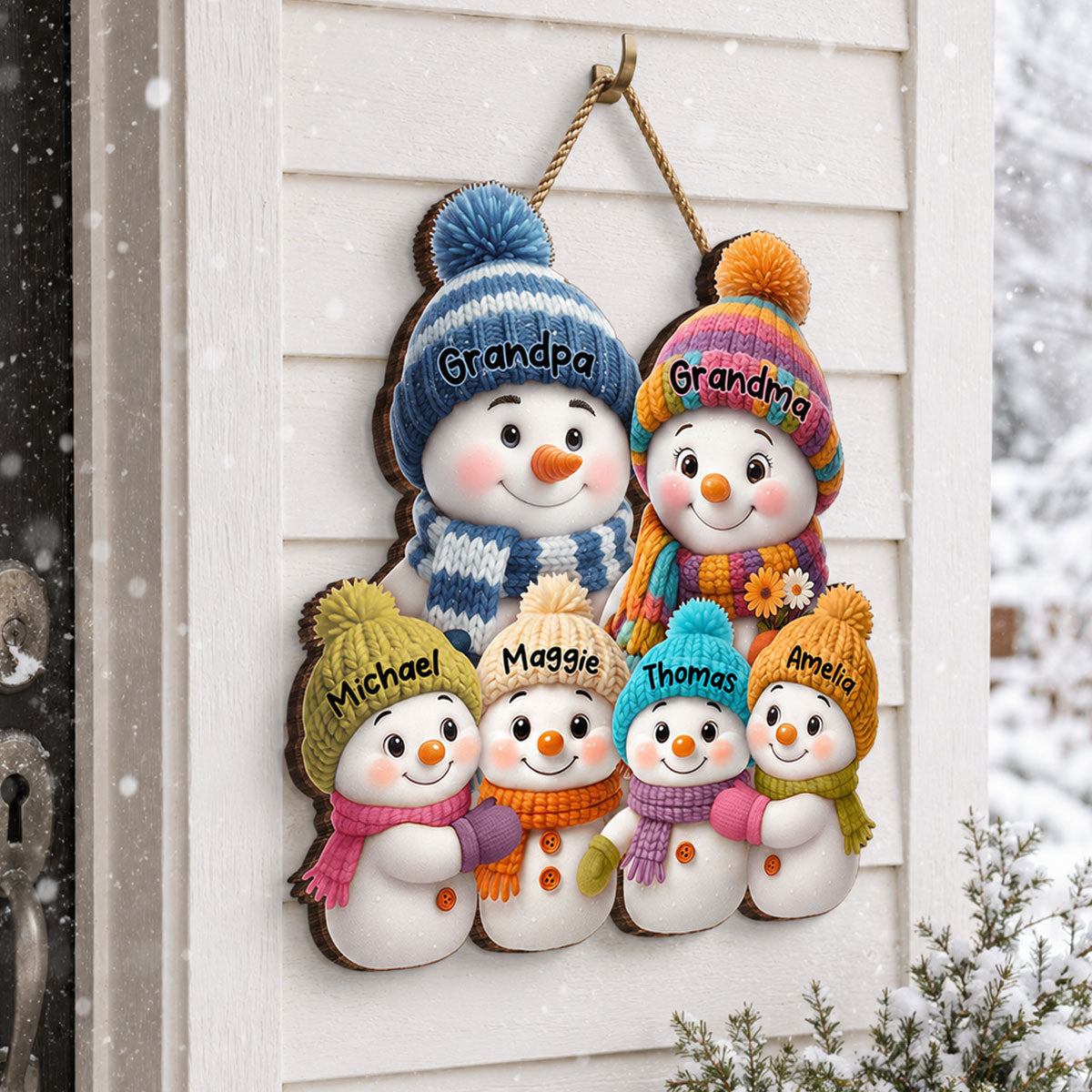 Snowman Grandparents and Grandkids - Personalized Wooden Door Sign - Cozy Christmas Decor for Grandparents