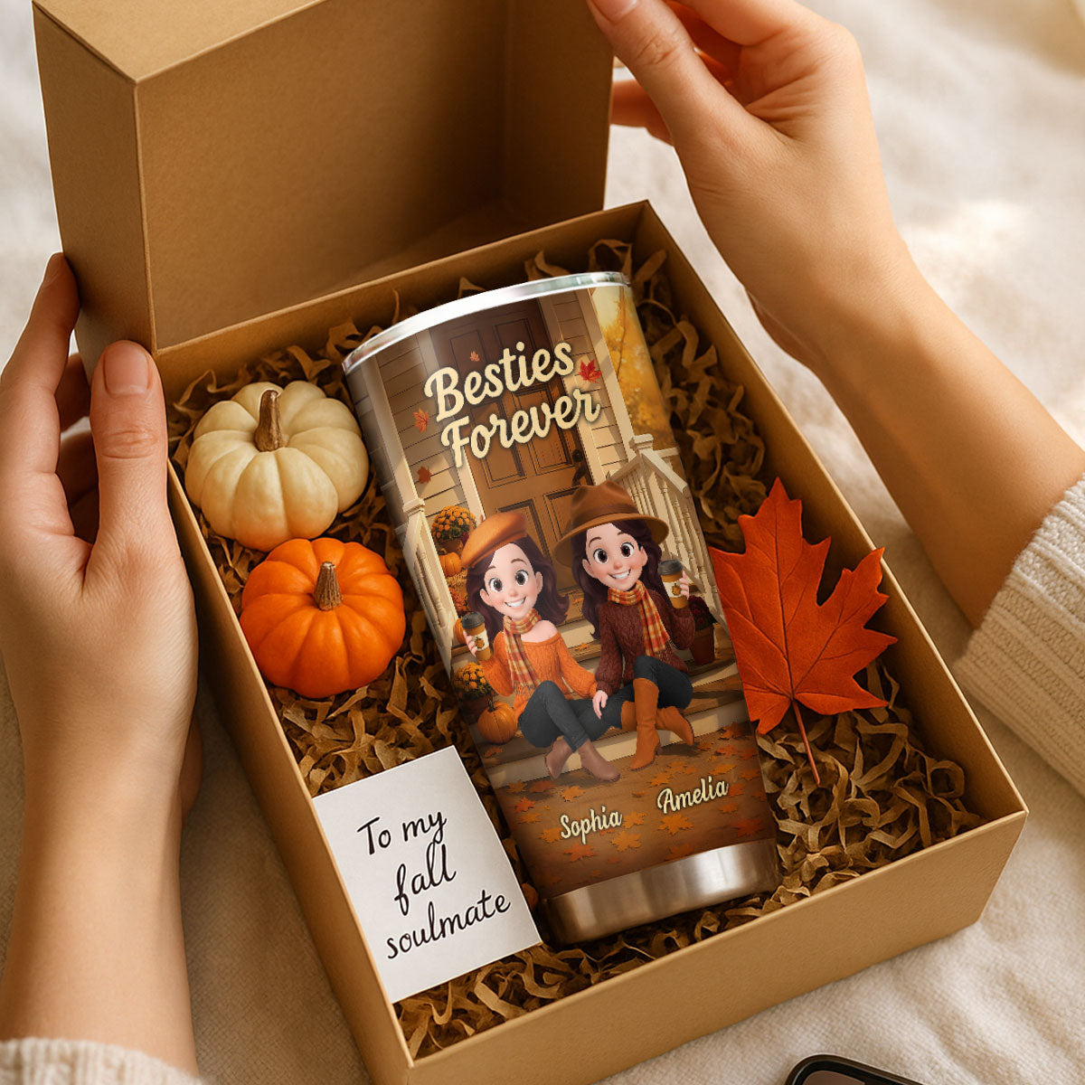 Fall Vibe Besties Sitting On Cozy Theme Front Porch Personalized Tumbler