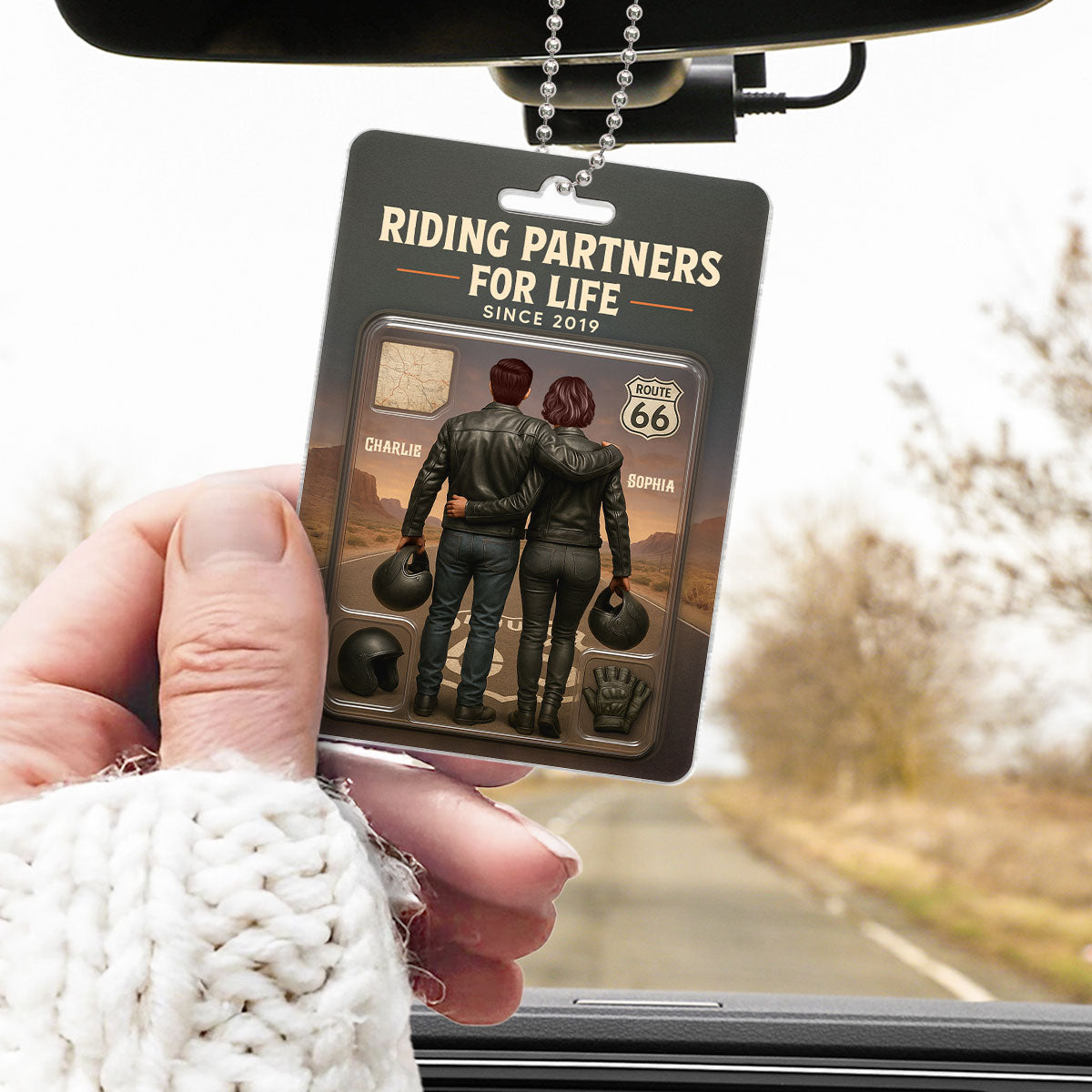 3D Effect Custom Figure Couple Bikers Riding Partners For Life Personalized Acrylic Car Hanger