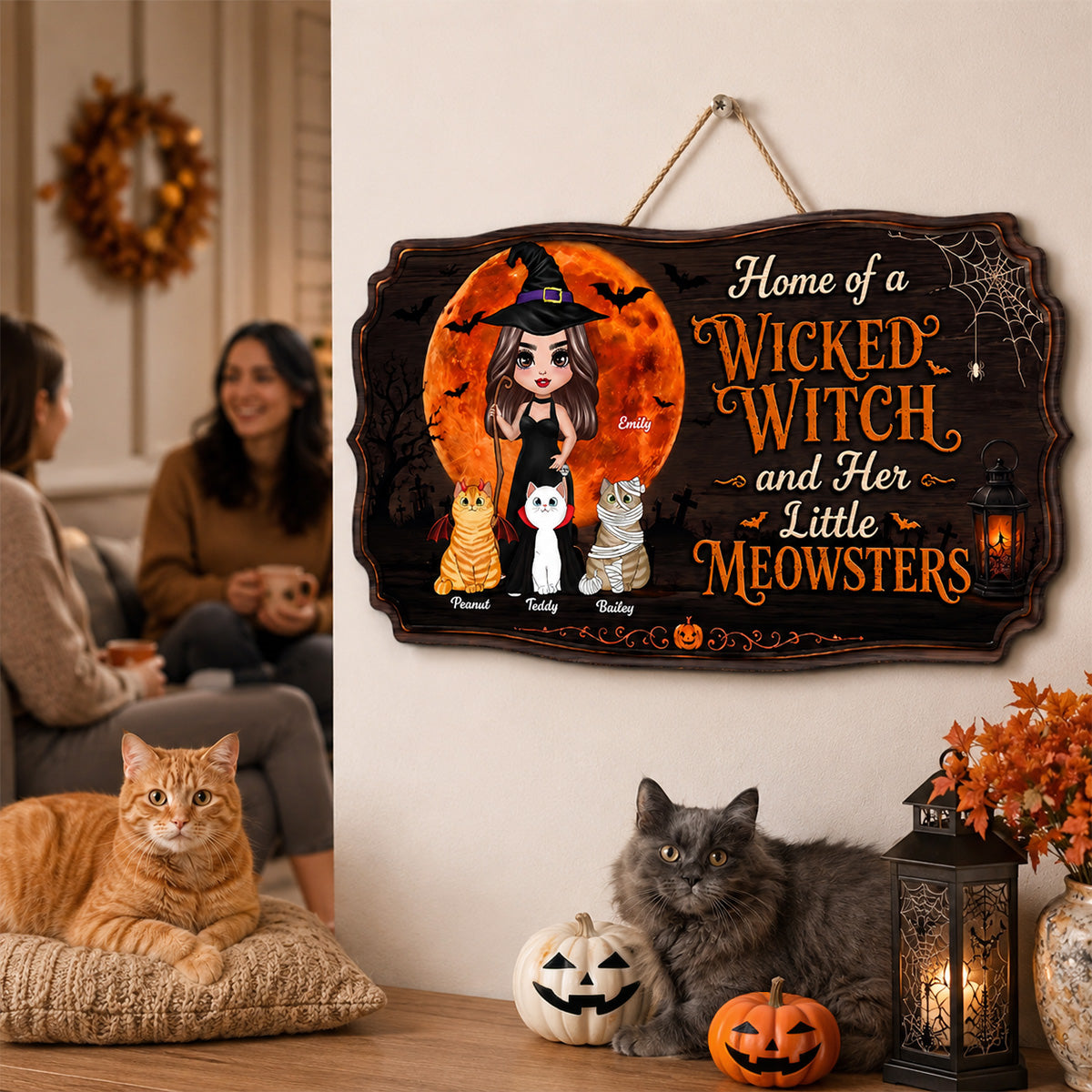 Home Of A Wicked Witch And Little Meownsters - Personalized Door Hanger Sign - Halloween Wigan Pagan Decor For Cat Mom