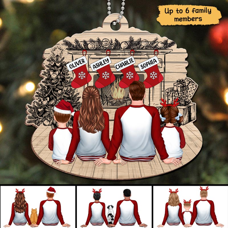 Pajamas Family Stocking Fireplace Sketch Personalized Wooden Ornament