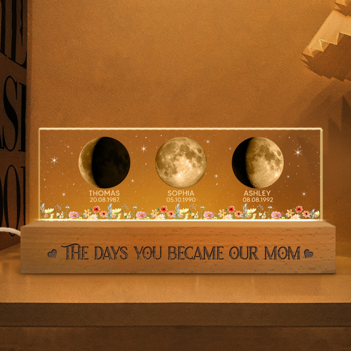 Floral Custom Birth Moon Phase The Day You Become Our Mom - Personalized Acrylic Block LED Night Light - Heartfelt Gift For Mom