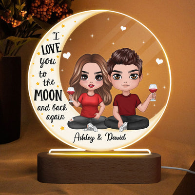 Love You To The Moon Doll Couple On Moon Personalized Circle Acrylic Plaque With LED Night Light - Valentine‘s Day Gift - Anniversary Gift For Her - Gift For Him