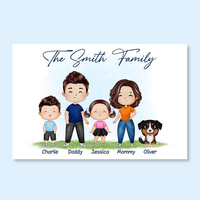 Whole Happy Doll Family Couple Dad Mom Kid Dog Cat Watercolor Style Personalized Horizontal Poster