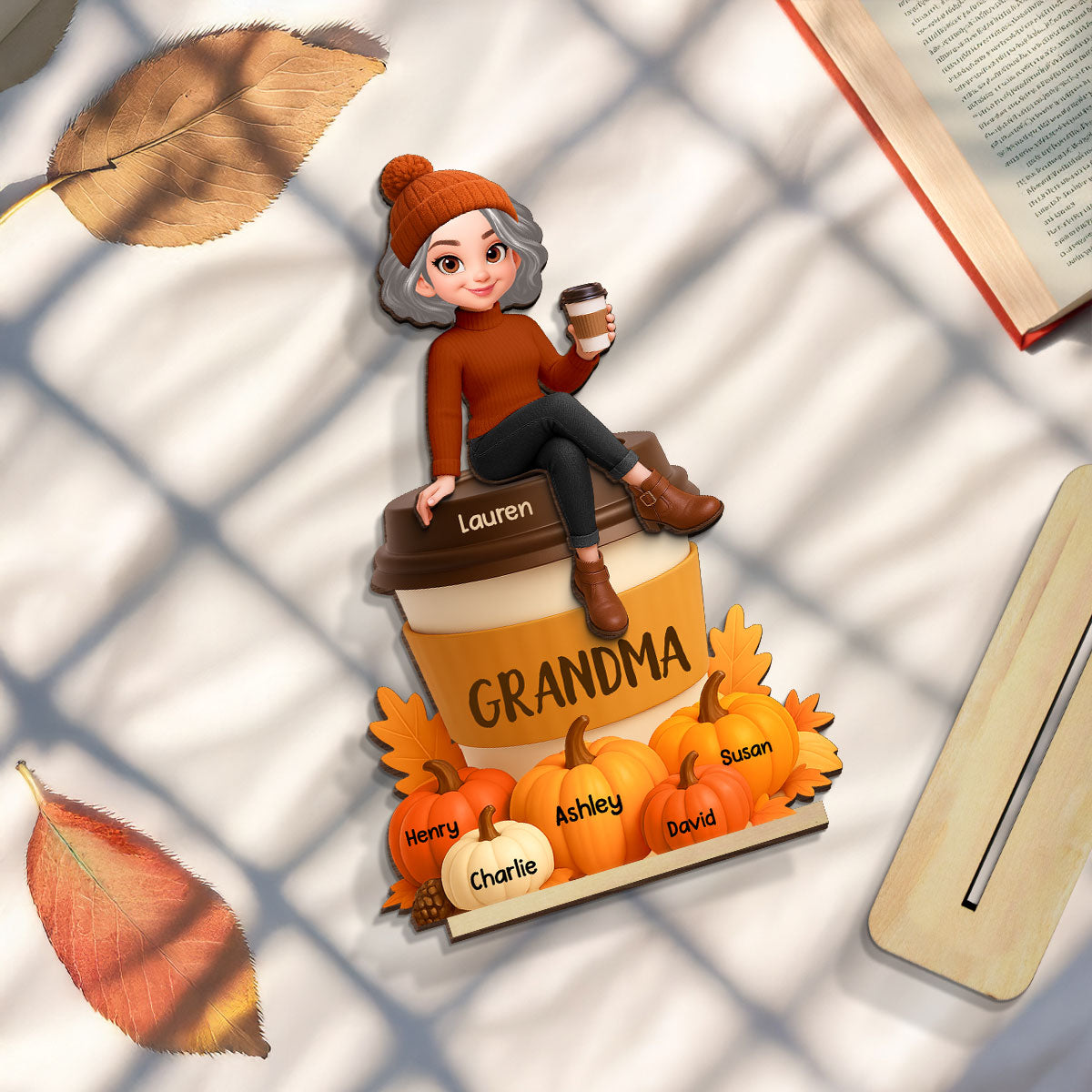 Grandma Mom Sitting On Pumpkin Spice Latte Grandkids Names Personalized 2-Layer Standing Wooden Plaque, Fall Season Decoration