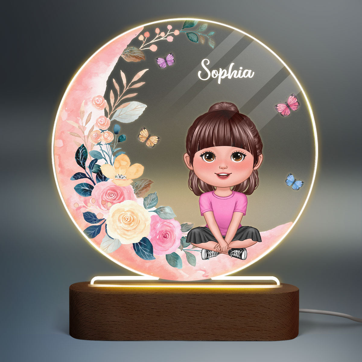 Baby Girl Gift Watercolor Flower Moon Personalized Circle Acrylic LED Night Light