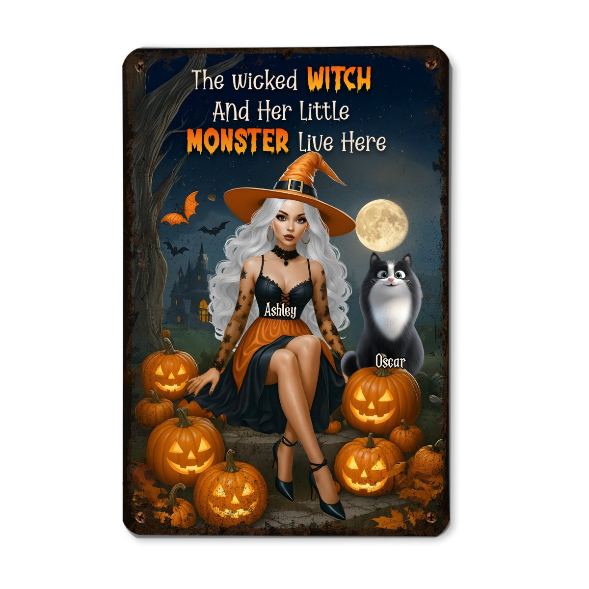 The Wicked Witch and Her Little Monster Live Here Personalized Metal Sign, Halloween Decor for Cat Lovers
