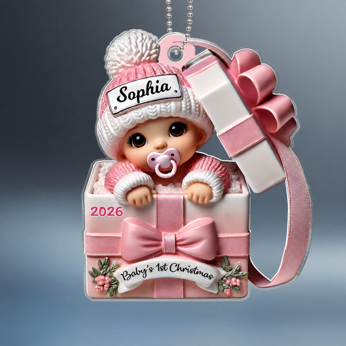 Baby Inside Gift Box 3D Effect - Personalized Acrylic Ornament - Lovely Keepsake to Celebrate Little Miracle, Christmas in July