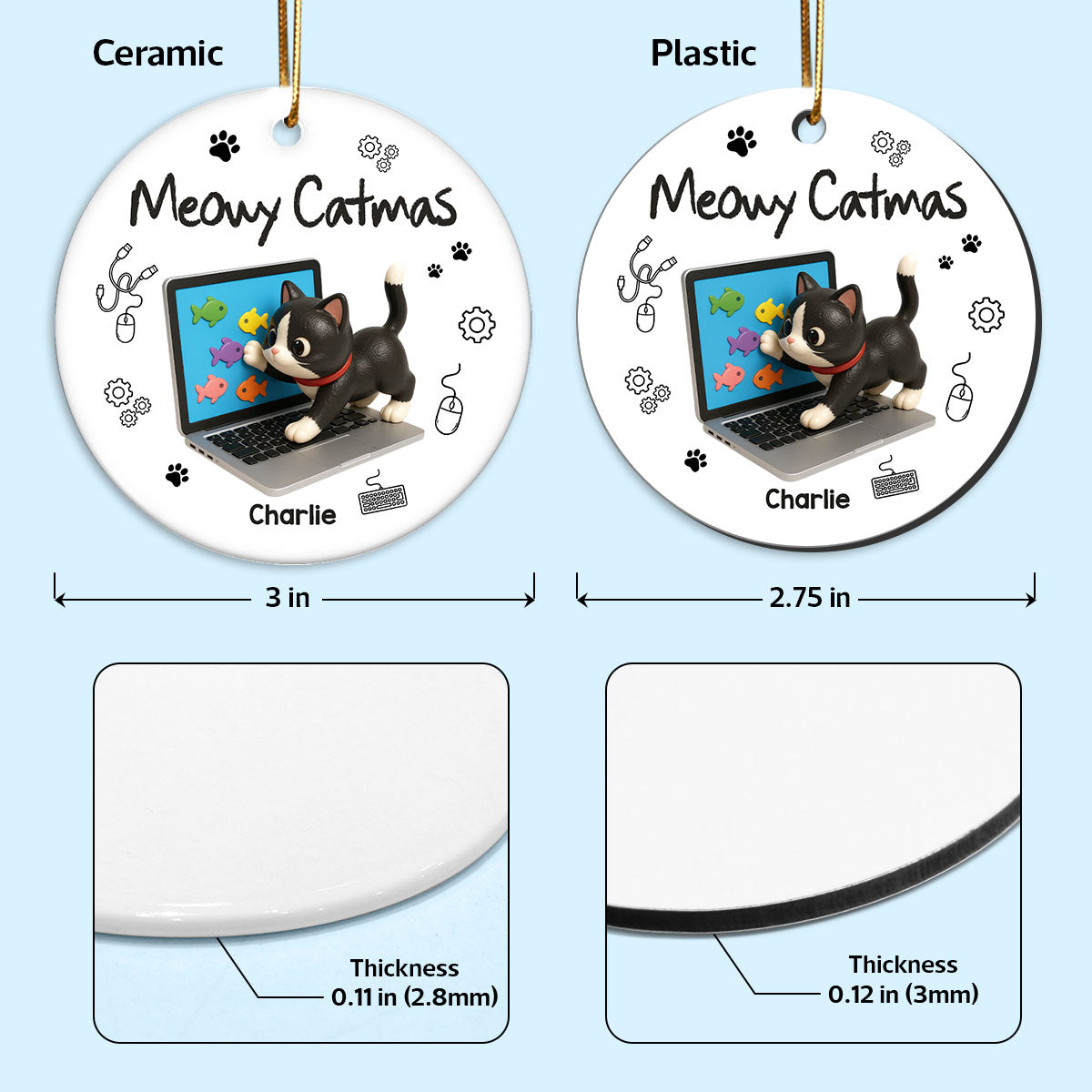 3D Effect Mischievous Kitten Tech Support - Personalized Ceramic Ornament - Gift For Cat Lovers