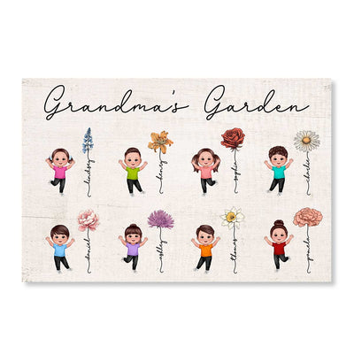 Happy Grandkids Grandma Mom Auntie Garden Vintage Birth Month Flowers Mother‘s Day Gift Personalized Horizontal Poster