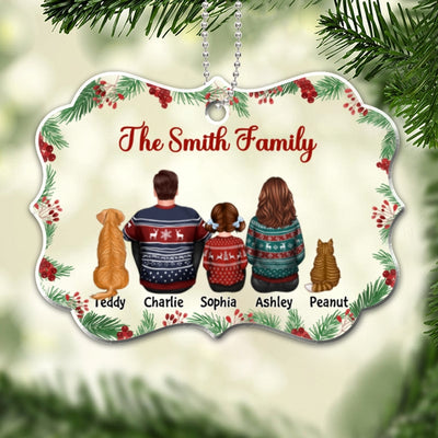 Holly Branch Family Dad Mom Kids Dogs Cats Christmas Personalized Acrylic Ornament