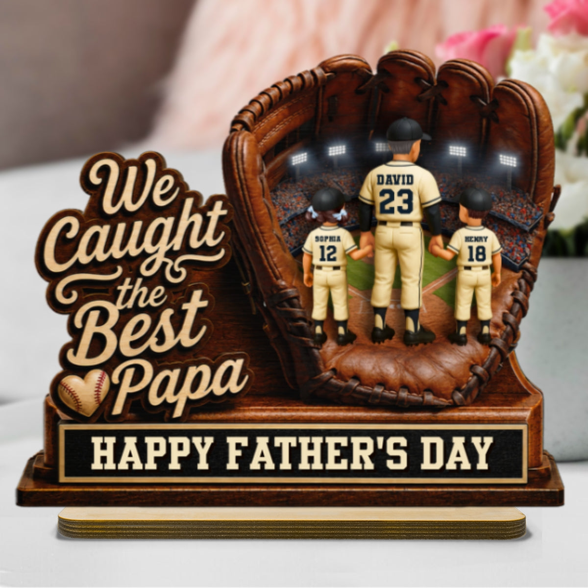 We Caught The Best Grandpa Man & Kids In Glove - Personalized 2-Layered Wooden Plaque - Happy Father's Day For Baseball Grandpa