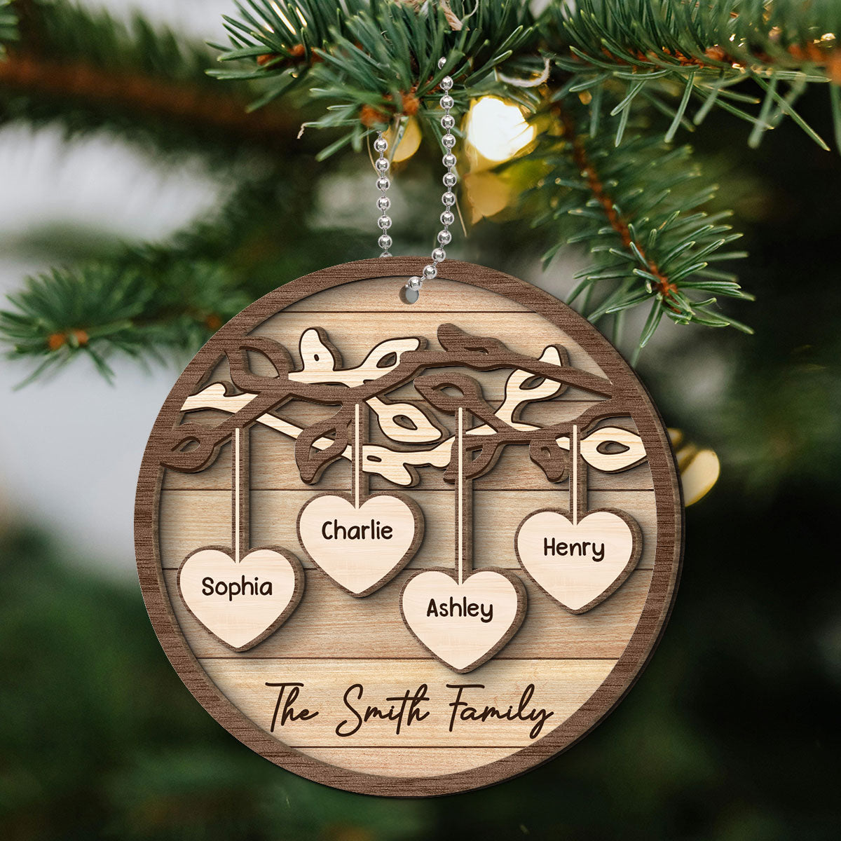 Family Tree Hanging Hearts Personalized 2-Layer Wooden Ornament, Christmas Gift For Family