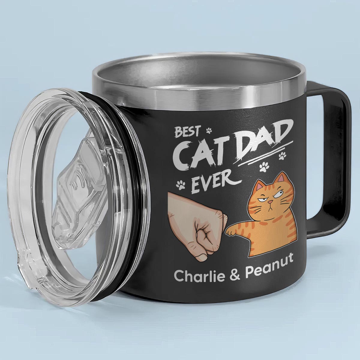 Best Cat Dad Ever Fist Bump Personalized Stainless Steel Tumbler With Handle, Birthday Gift For Cat Lovers, Father's Day Gift or Just Because
