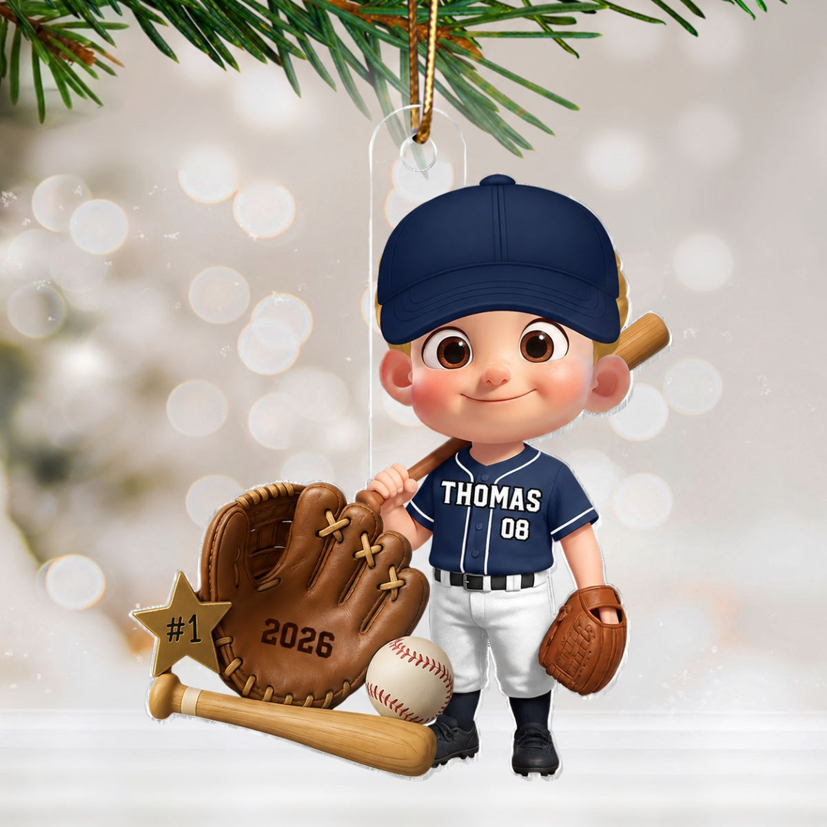 Baseball Player With Baseball Mitt Bat Ball - Personalized Acrylic Ornament - Gift For Kids, Grandkids