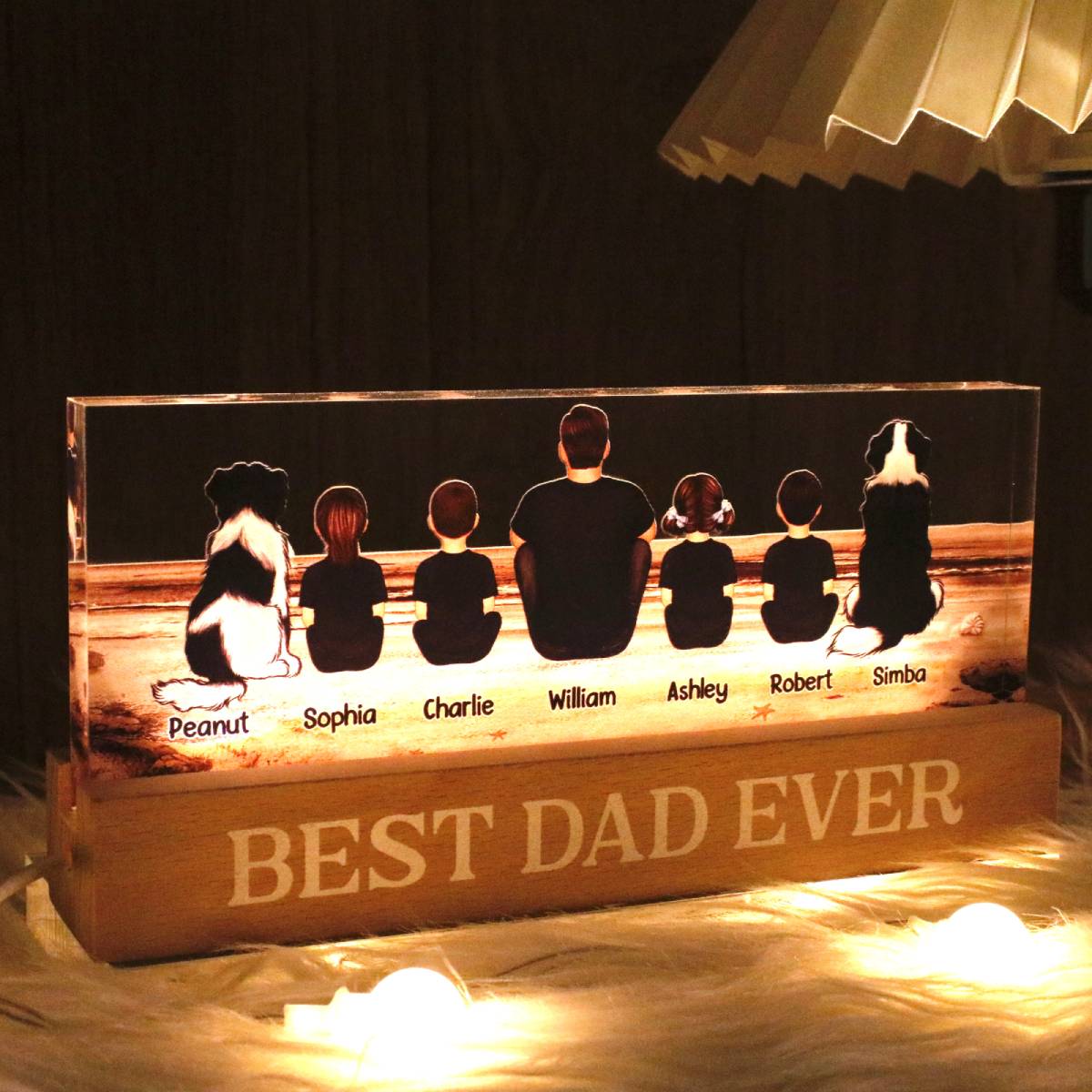 Retro Vintage Dad And Sons Daughters Sitting Beach Landscape Personalized Acrylic Block LED Night Light, Heartfelt Father's Day Gift For Dad