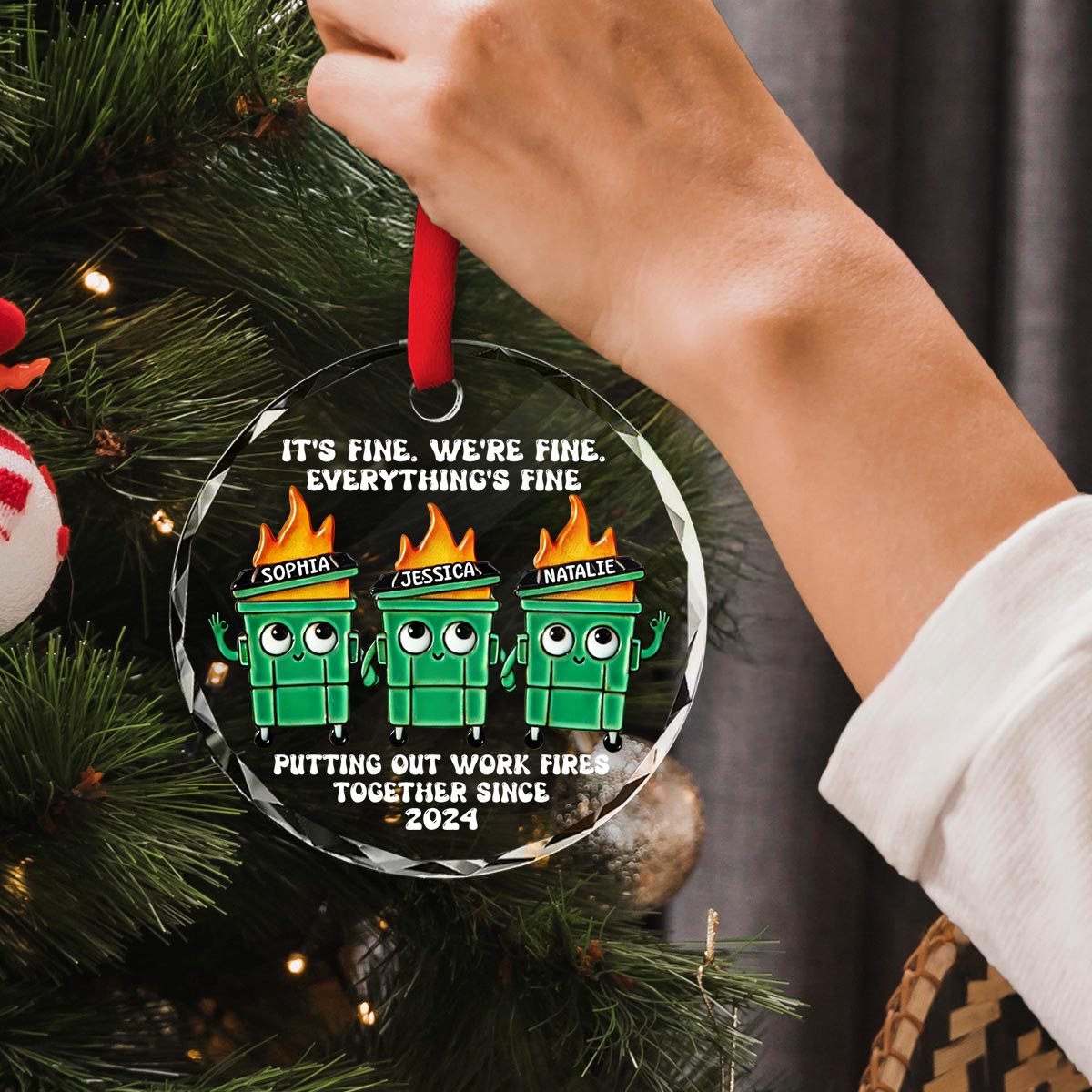 Putting Out Work Fires Together Work Bestie Dumpster Fire Funny Gift For Colleagues Personalized Glass Ornament