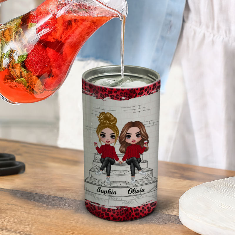 Besties Sisters Outline Stair Leopard Personalized 4 In 1 Can Cooler