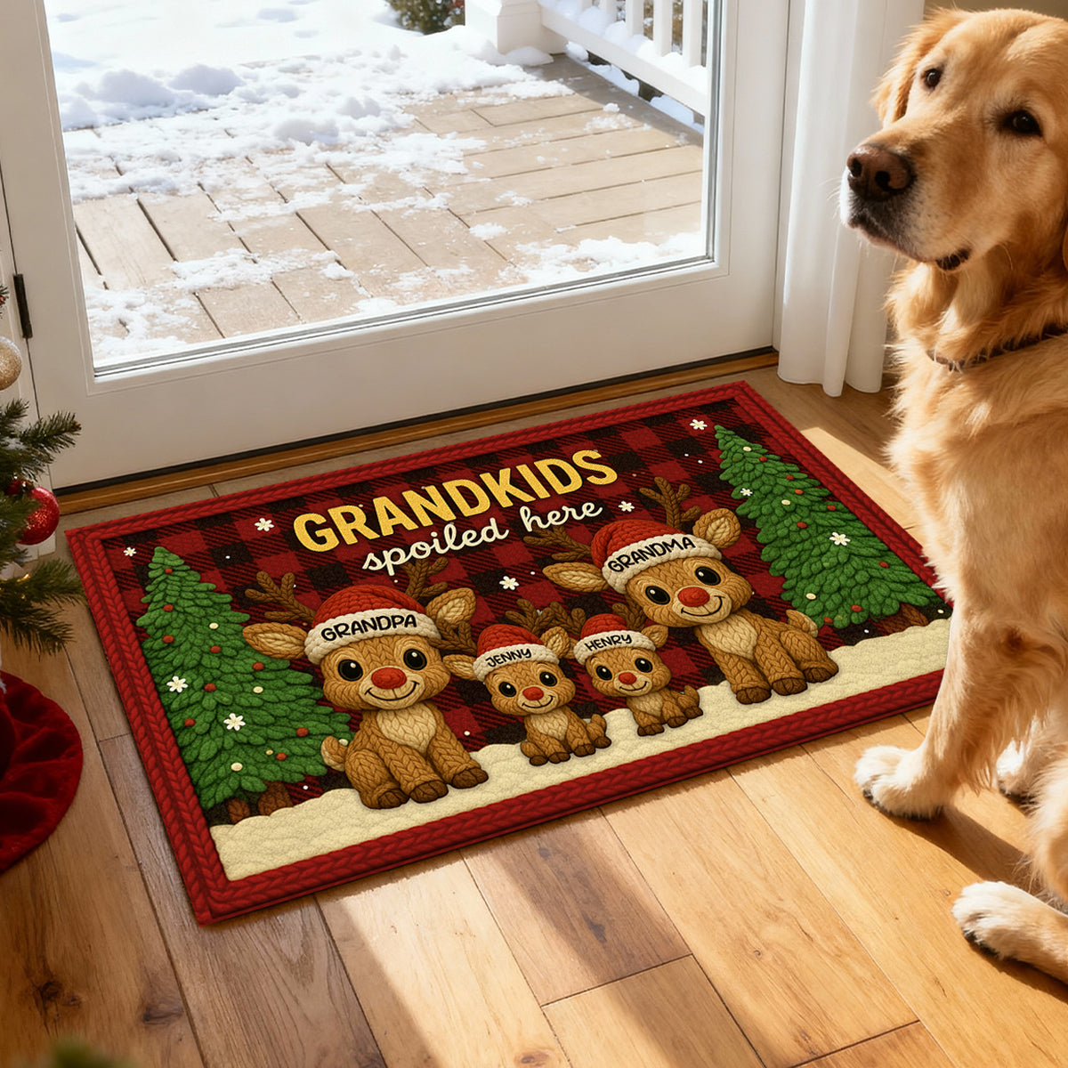 Grandma Grandpa Reindeers Crochet Faux Yarn Texture - Personalized Doormat - Christmas Decoration