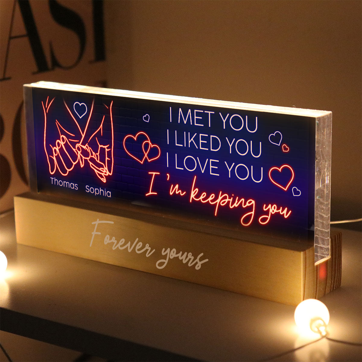 I Love You Forever Yours Couple Hand In Hand Outline Anniversary  Gift Personalized Acrylic Block LED Night Light