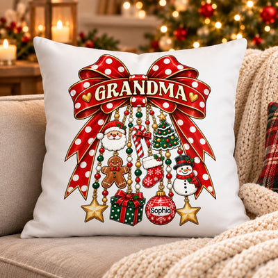 Grandma Retro Christmas Charm Bow - Personalized Pillow - Trendy Christmas for Grandma