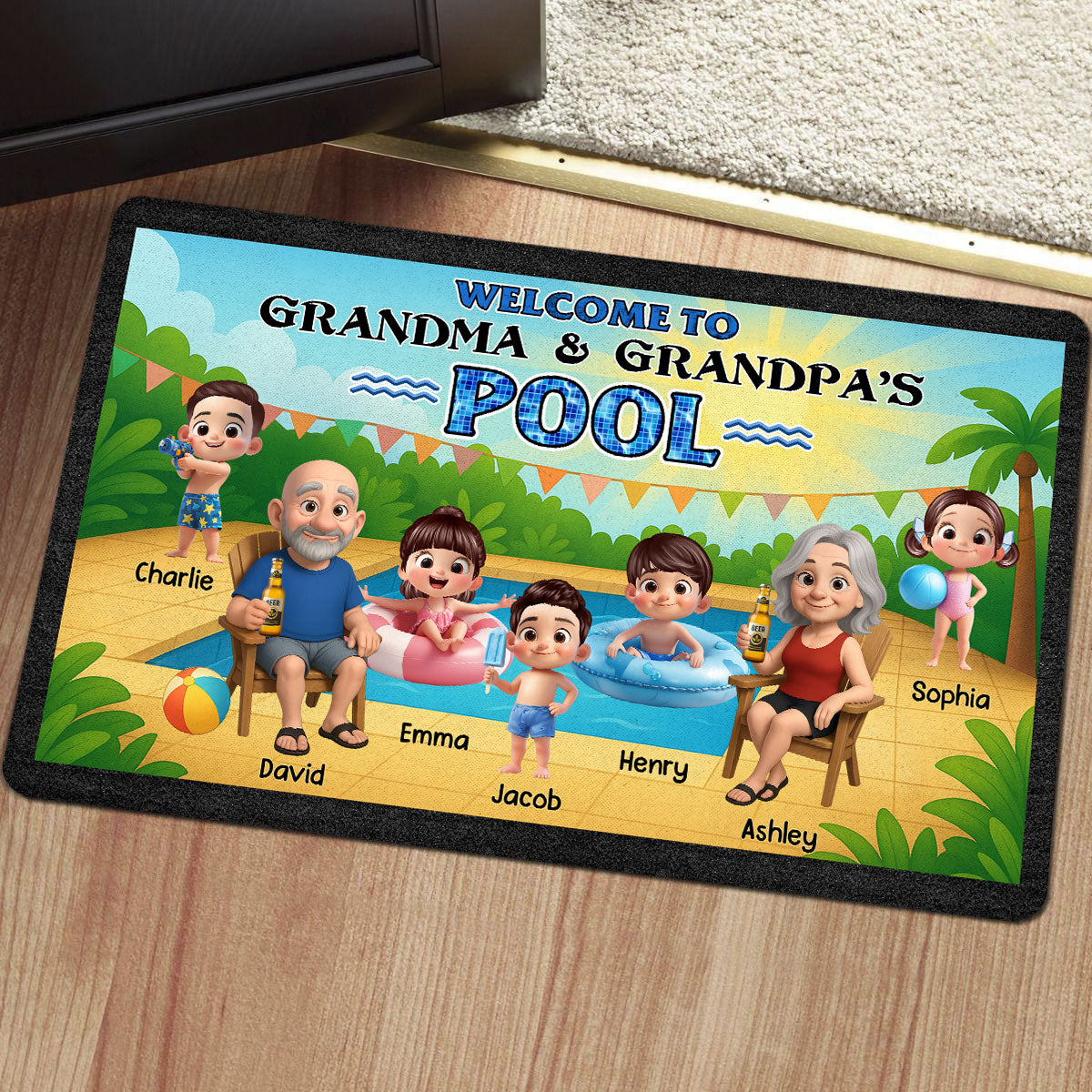 Welcome to Grandparents Pool Personalized Non-Slip Doormat, Entryway Front Porch Farmhouse Summer Grandkids Welcome Mat