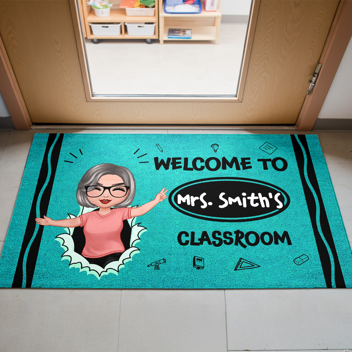 Welcome To My Class Happy Teacher Crayon Theme Personalized Doormat, Classroom Decor