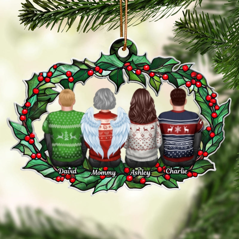 Christmas Family Sitting Back View Holly Branch Personalized Acrylic Ornament, Christmas Gift For Family