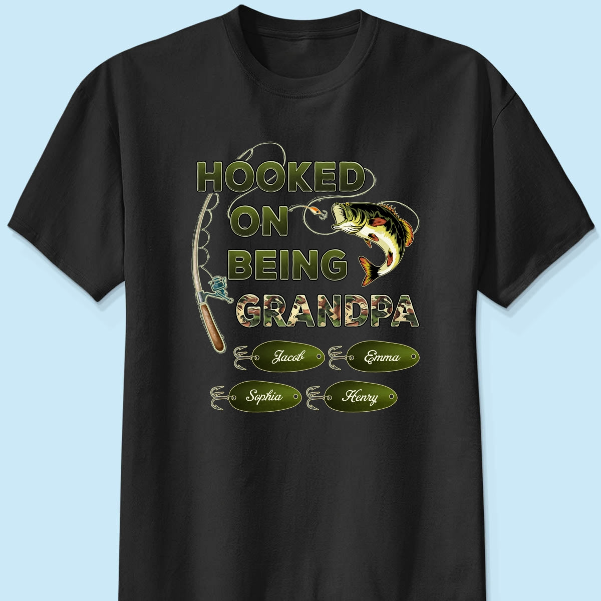 Hooked On Being Grandpa Papa Fishing Camouflage Personalized Dark Color Shirt, Father's Day Gift For Grandpa, Dad, Husband