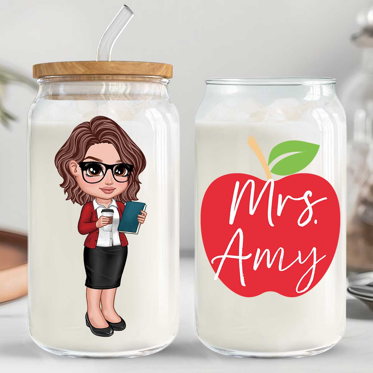 Y2K Style Teacher Apple Personalized Clear Glass Can, Gift For Teacher, Appreciation Gift