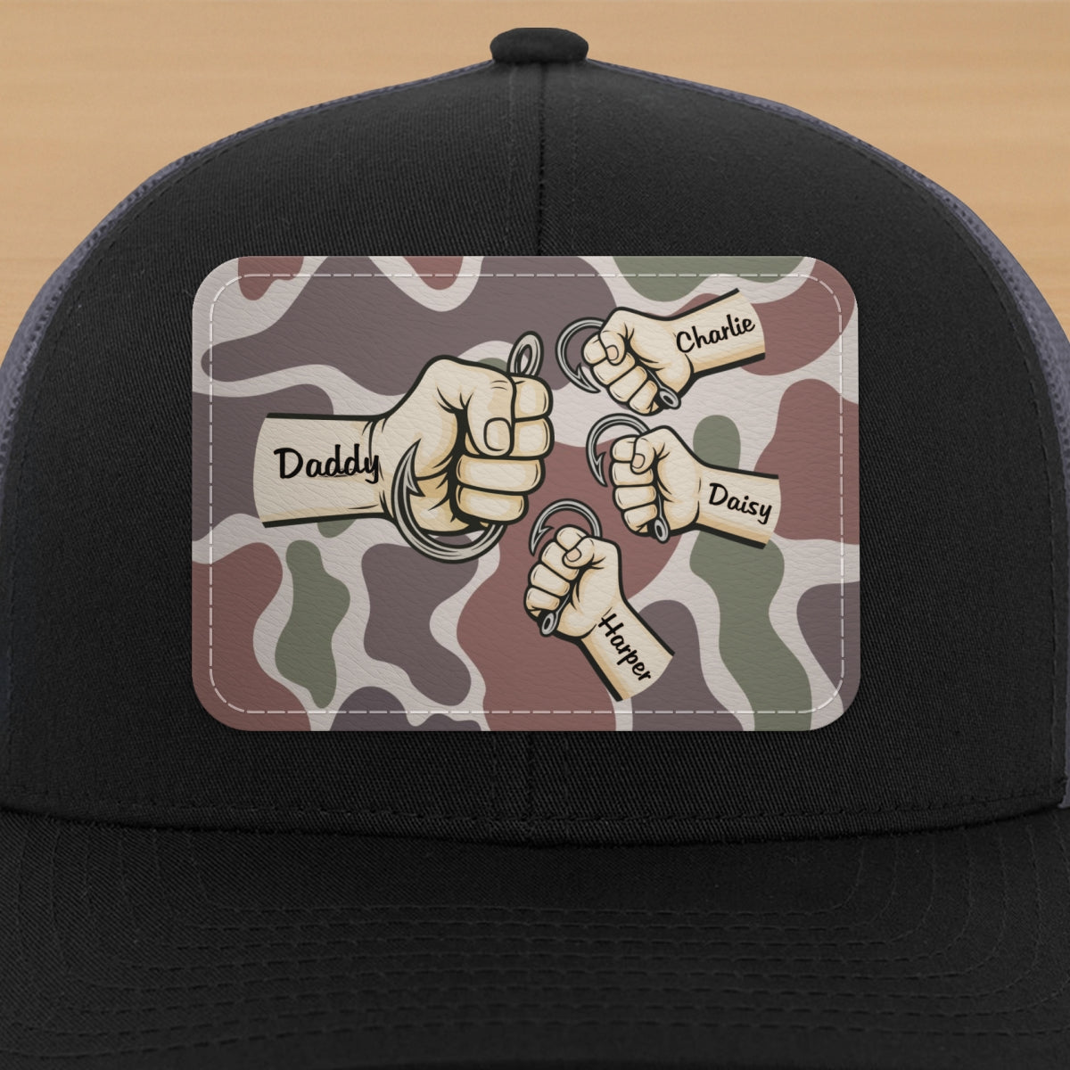 Dad Grandpa & Kids Fist Bump Fishing With Hooks Personalized Leather Patch Hat, Father's Day Gift For Husband, For Dad, For Grandpa