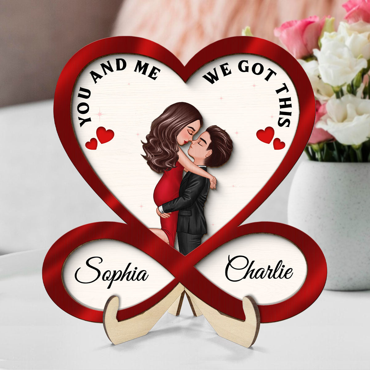 Infinity Heart Couple Hugging Kissing Anniversary Gift For Him Gift For Her Personalized 2-Layer Wooden Plaque