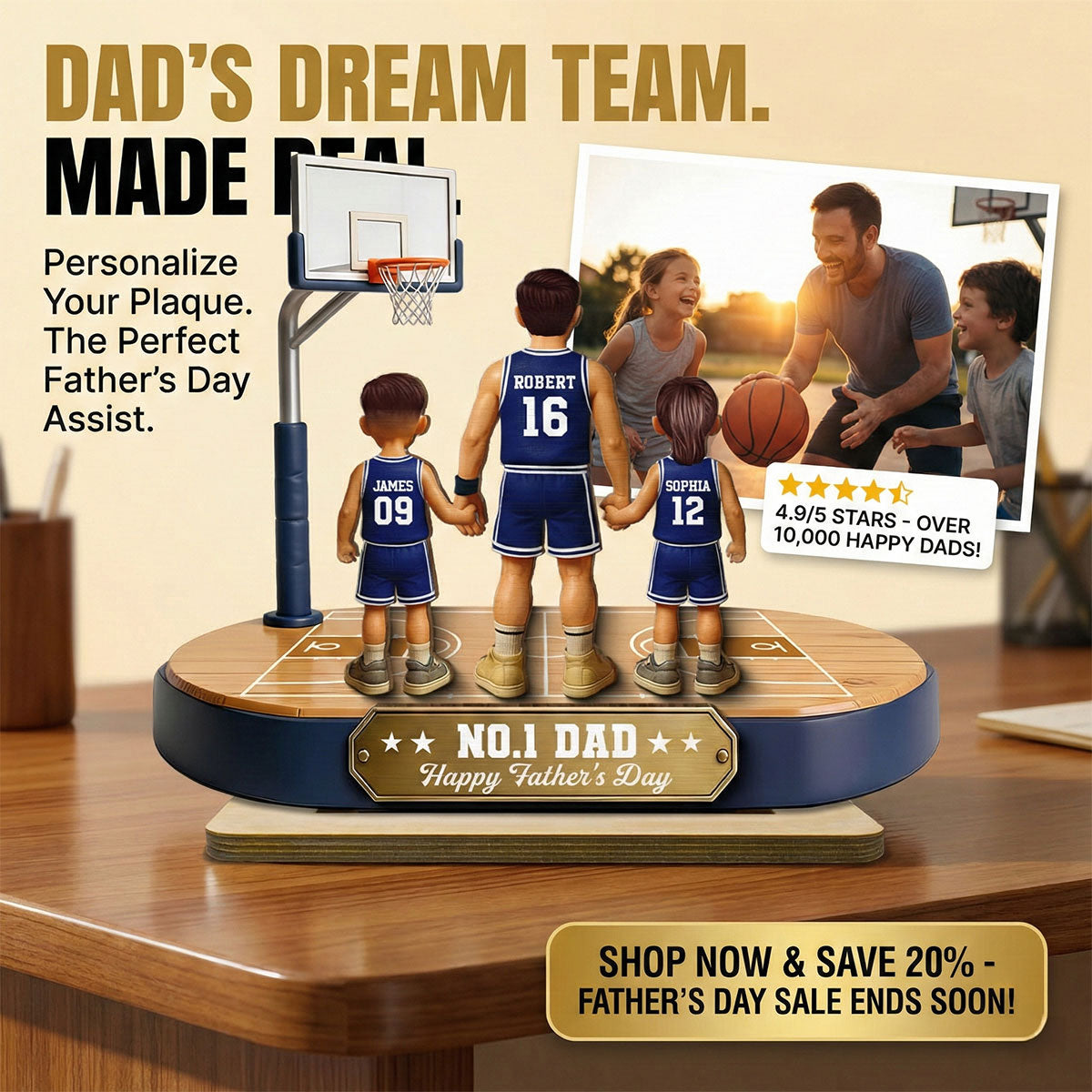 Daddy's Basketball Dream Team - Personalized 2-Layered Wooden Plaque - Father's Day Gift For Basketball Dad