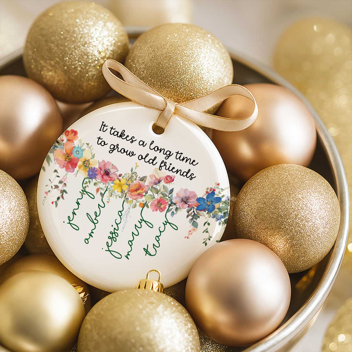 Grow Old Friends Vine Flowers Personalized Circle Ceramic Ornament, Gift for Besties, Best Friends