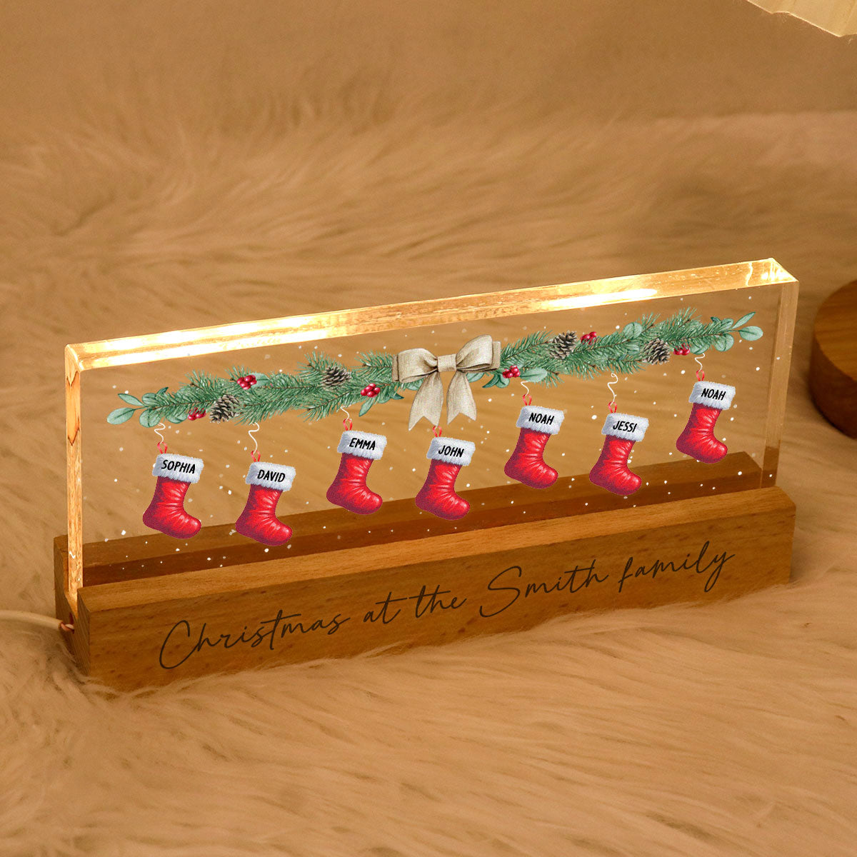 Christmas Stocking Family Names Personalized Acrylic Block LED Night Light