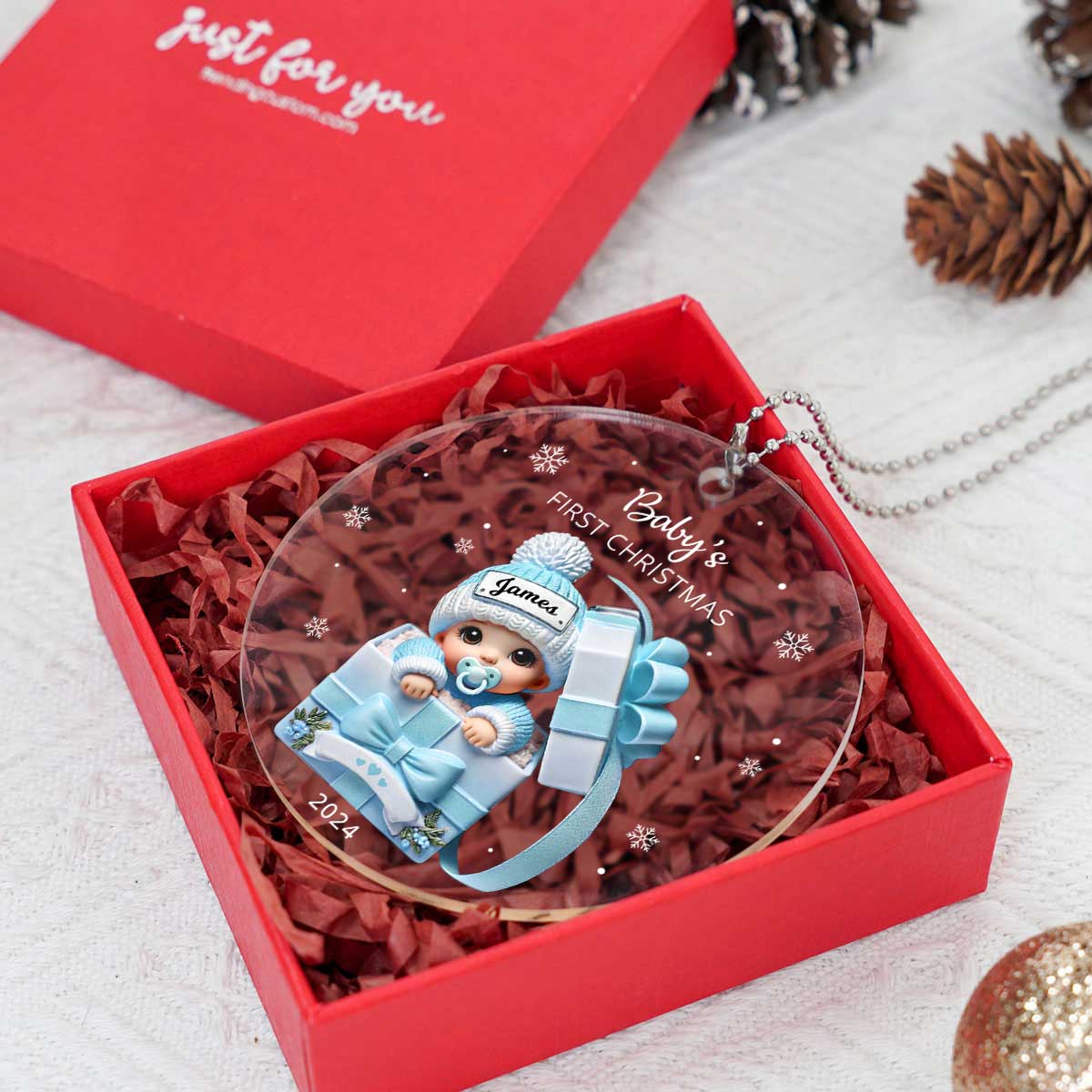 Baby Inside Gift Box Personalized Acrylic Ornament, Baby First Christmas Keepsake