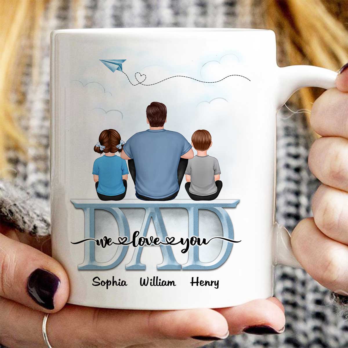 Back View Dad And Children Sitting On Word Father‘s Day Gift Personalized Mug
