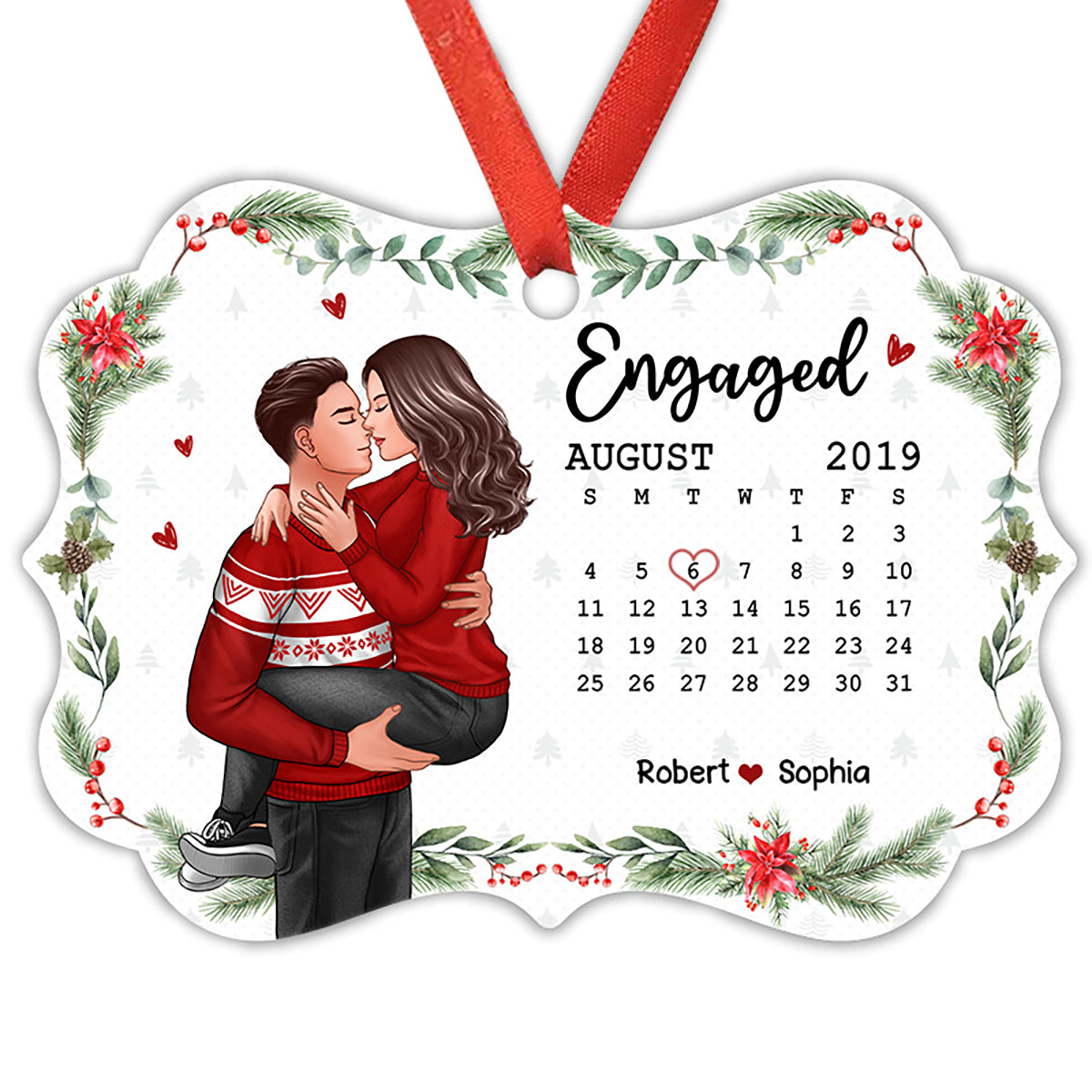 Christmas Engaged Married Couple Man Holding Woman Kissing Anniversary Date Calendar Personalized Christmas Ornament