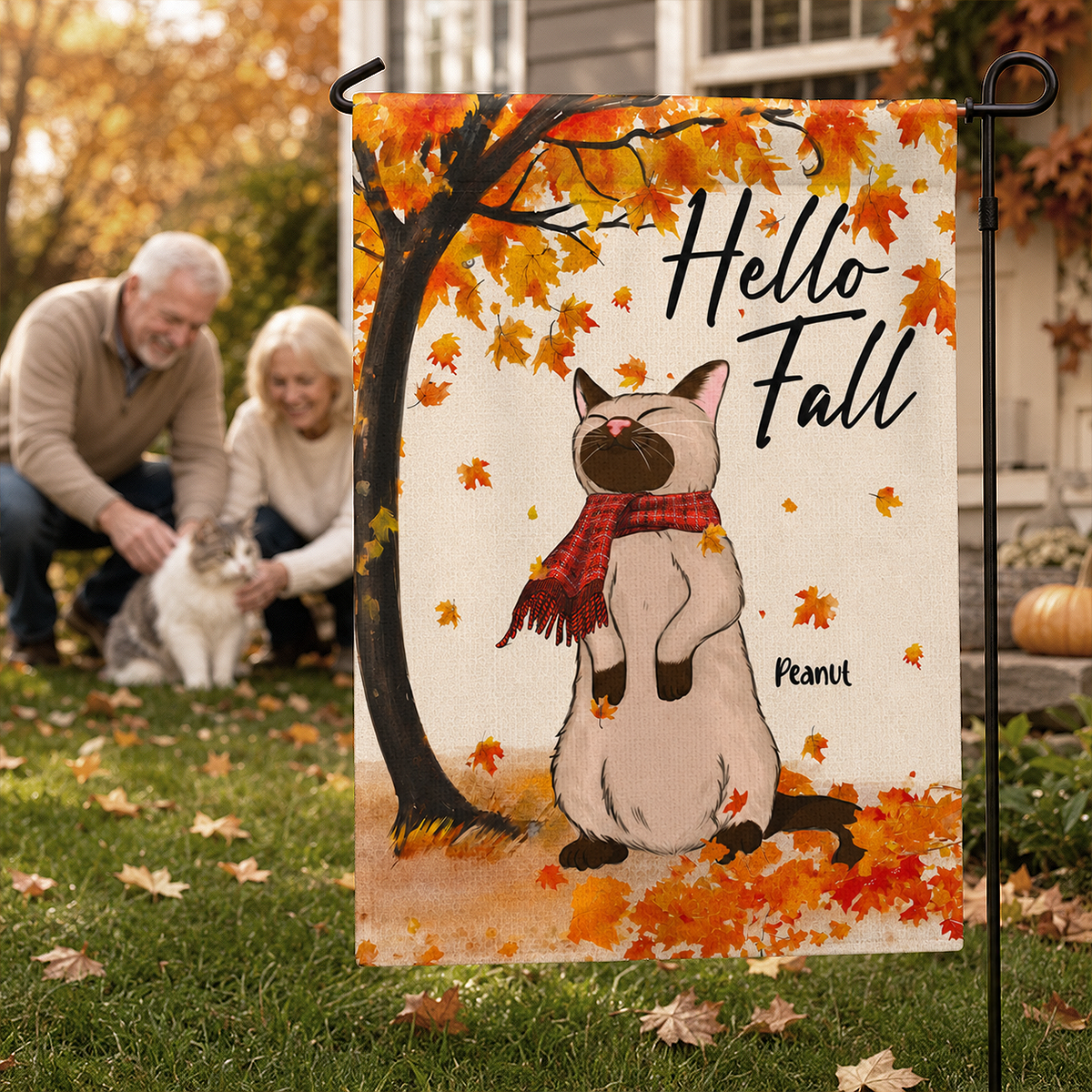Hello Fall Cute Cat Standing In Fall Breeze - Personalized Garden Flag - Fall Season Decor For Cat Lover