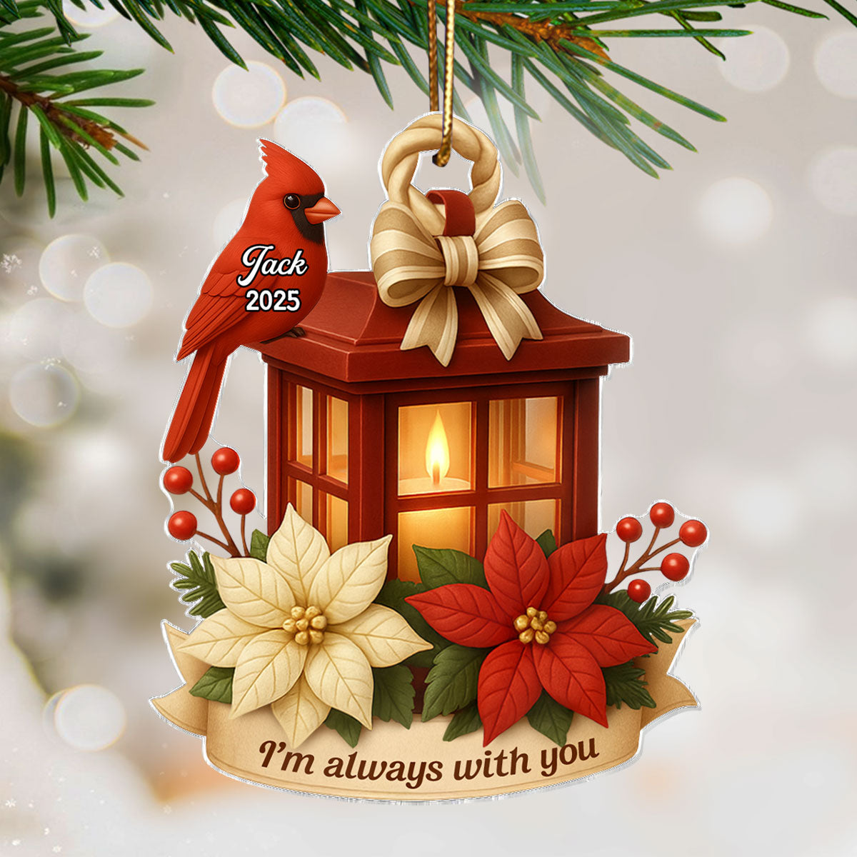 Cardinal On Christmas Lantern 3D Effect Personalized Acrylic Ornament, Meaningful Memorial Symphathy Gift