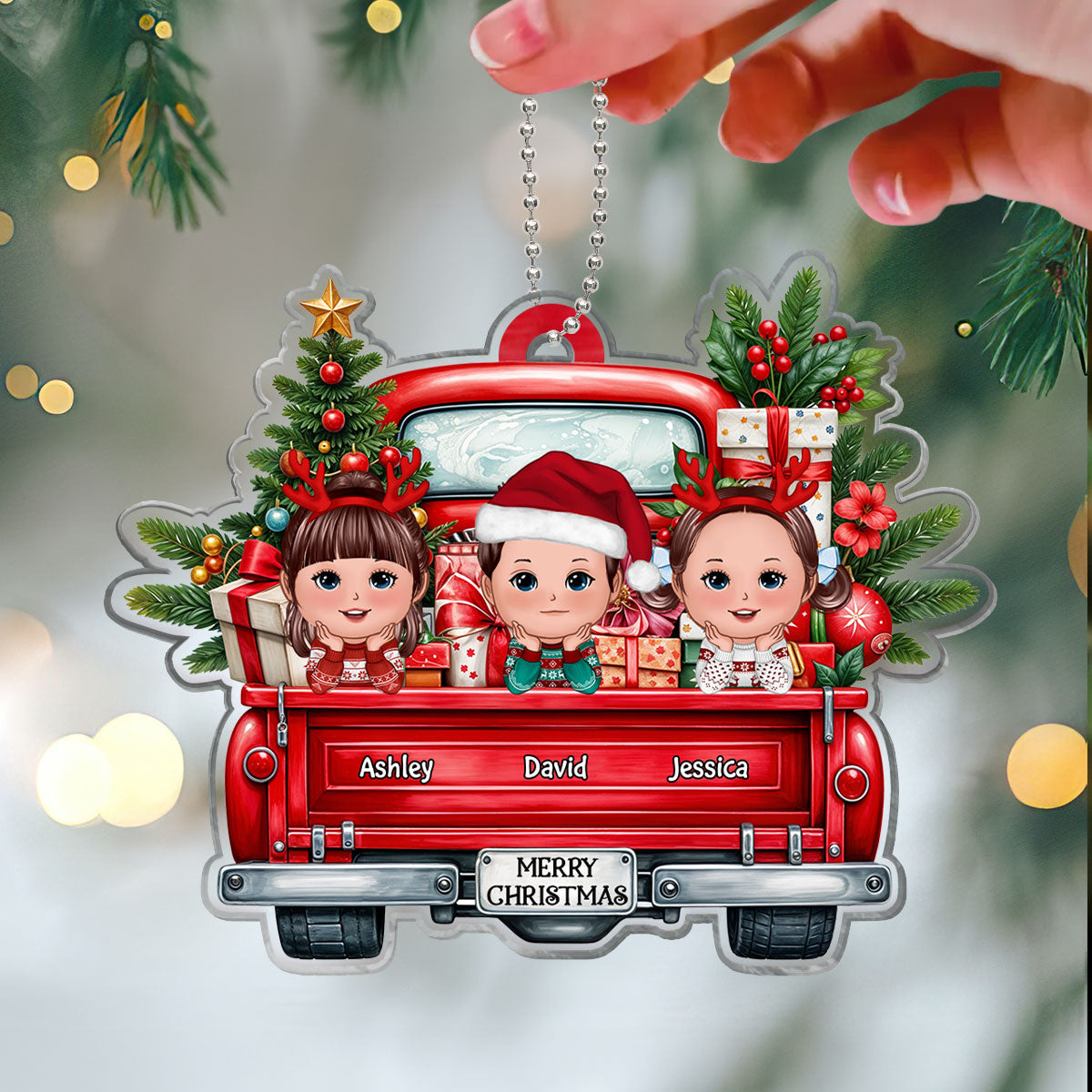 Merry Christmas Grandkids On Truck Personalized Acrylic Ornament, Christmas Gift For Granddaughter Grandson Grandkid From Grandma
