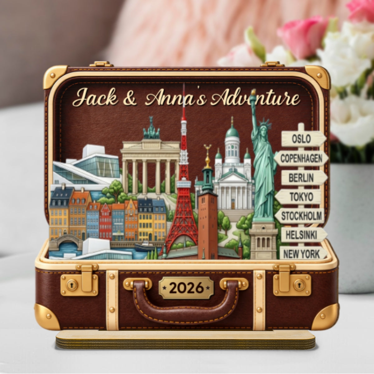 Custom Travel Adventure Suitcase 2D Flat Printed - Personalized 2-Layered Wooden Plaque - Traveling Destination Keepsake, Christmas Gift For Traveling Lovers