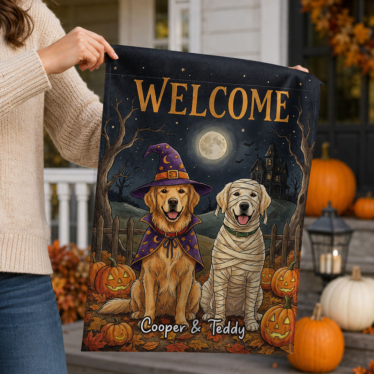 Vintage Dog Cat Halloween Night Photo Upload - Personalized Garden Flag - Halloween Gift For Dog Mom, Cat Mom