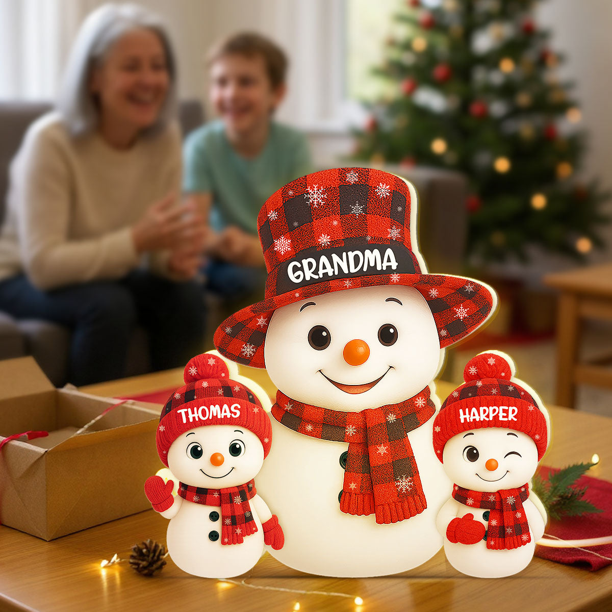 Christmas Checkered Pattern Grandma Grandkids Snowman Together - Personalized Light Box - Gift For Grandmas