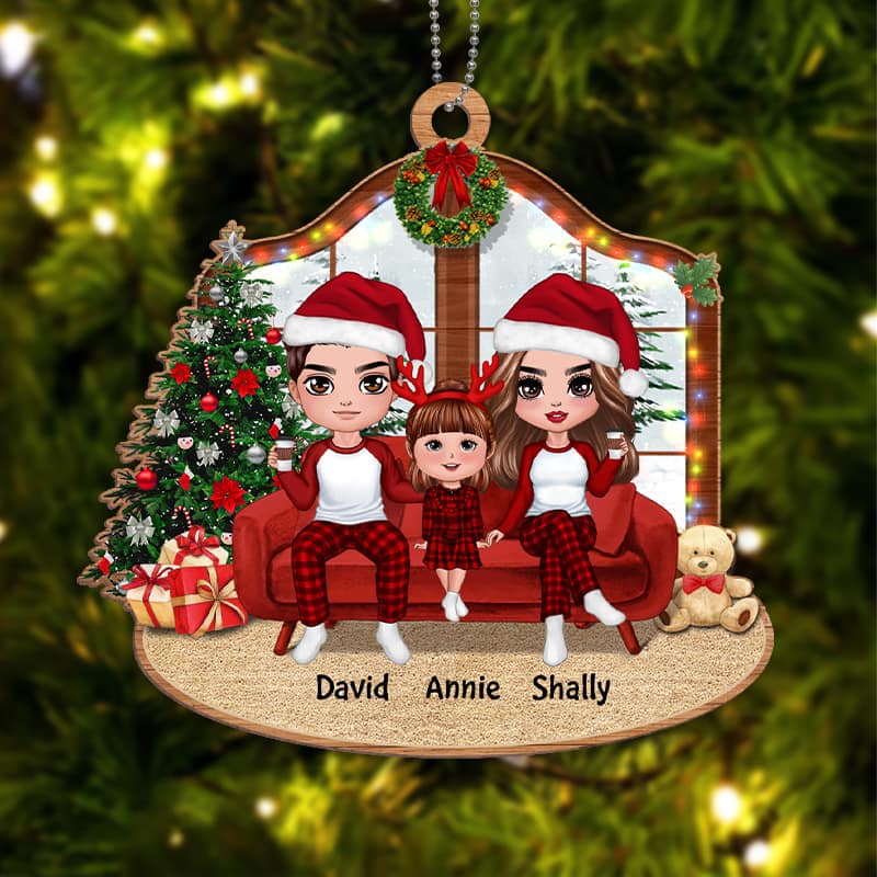 Christmas Doll Family On Sofa Personalized Wooden Ornament